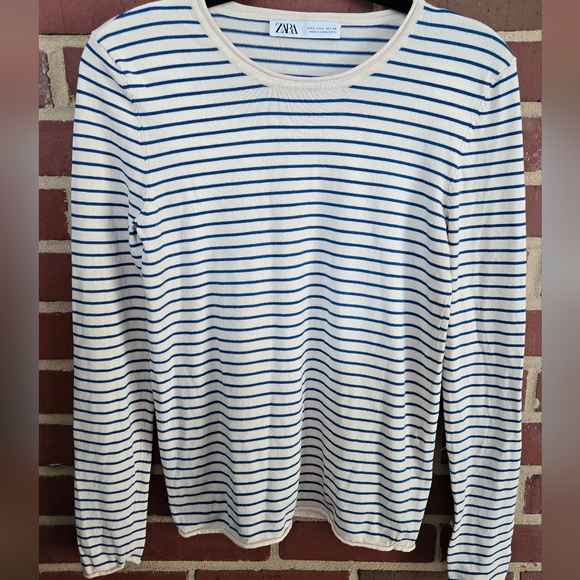 Zara Blue White Striped Knit Top French Coastal Chic Boho Anthropologie Style L - Picture 3 of 6